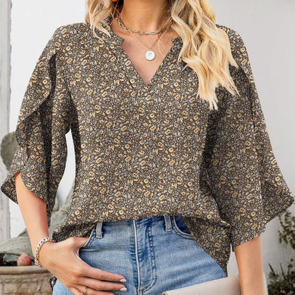 Printed Notched Half Sleeve Blouse