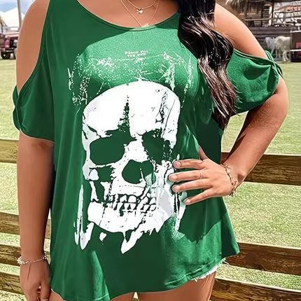 Plus Size Skeleton Graphic Round Neck Cold Shoulder T-Shirt