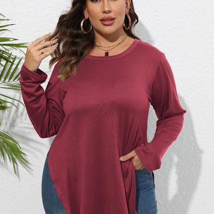 Plus Size Round Neck Long Sleeve Slit T-Shirt