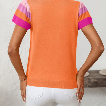 Mandy Contrast Round Neck Short Sleeve Knit Top