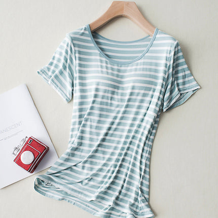 Striped Round Neck Short Sleeve T-Shirt with Bra