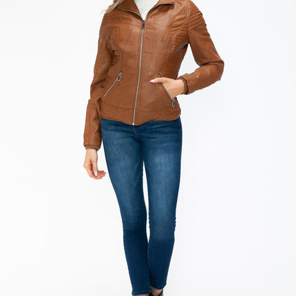 YMI Faux Layered Double-Zipper Jacket with Fuzzy Hood