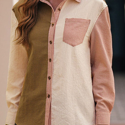 Contrast Plaid Button Down Long Sleeve Shirt