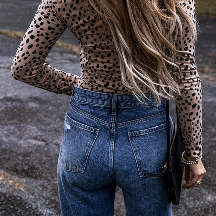 Animal Print Scoop Neck Long Sleeve Bodysuit