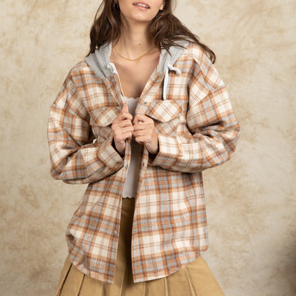 Drawstring Plaid Long Sleeve Hooded Jacket
