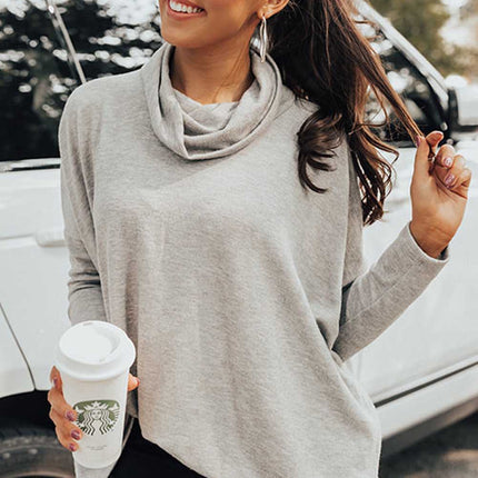 Side Slit High-Low Cowl Neck Long Sleeve Blouse