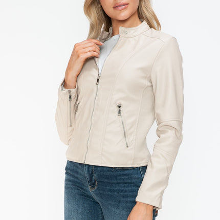 Snobbish PU Leather Zip Up Jacket with Pockets