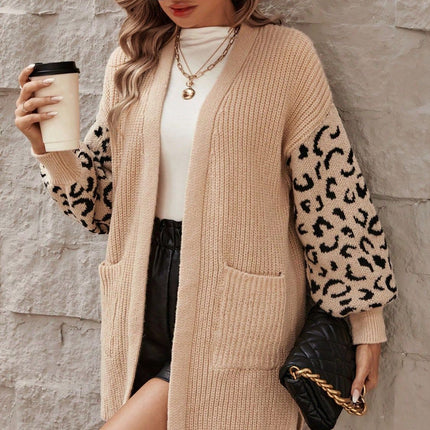 Pocketed Leopard Open Front Cardigan
