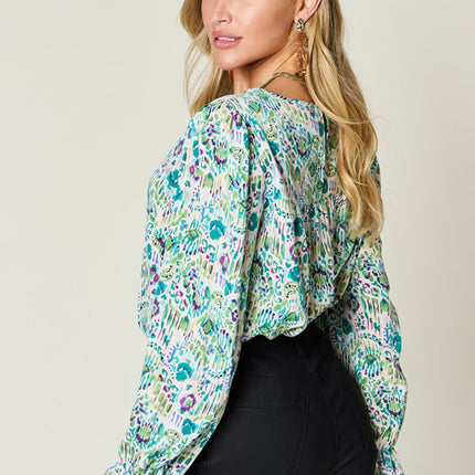 Double Take Full Size Printed Flounce Sleeve Blouse