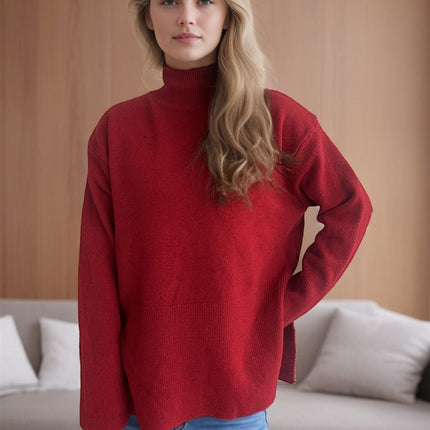 Side Slit Turtleneck Long Sleeve Sweater