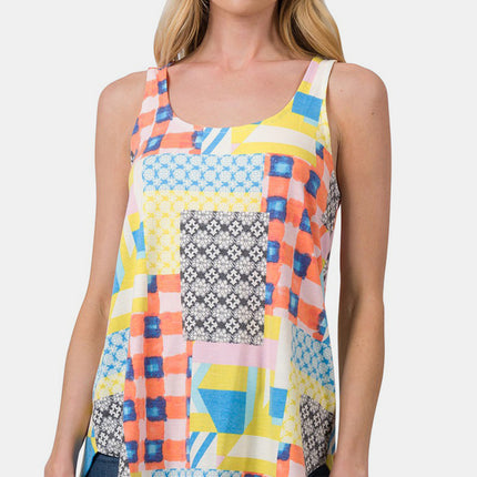 Zenana Printed Round Neck Curved Hem Tank