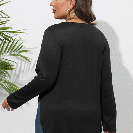 Plus Size Round Neck Long Sleeve Slit T-Shirt