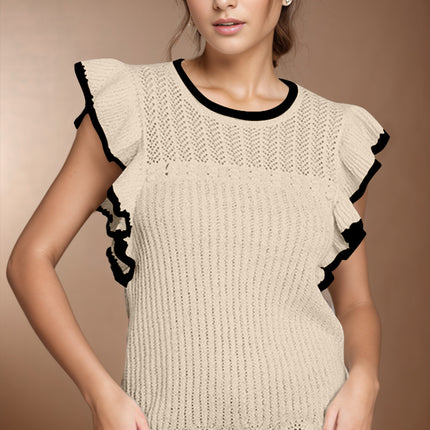 Ruffled Round Neck Cap Sleeve Knit Top