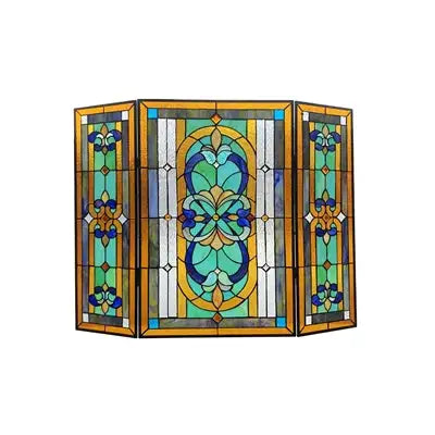 PALACE Pantalla de chimenea de vitral victoriana plegable estilo Tiffany de 3 piezas