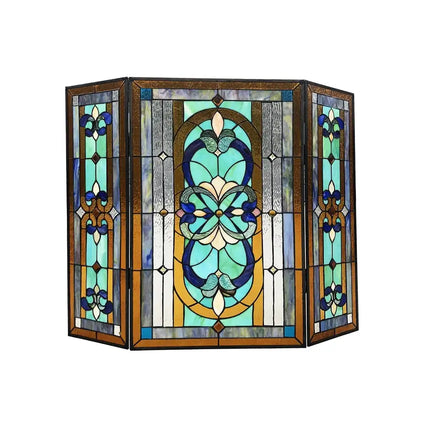 PALACE Pantalla de chimenea de vitral victoriana plegable estilo Tiffany de 3 piezas