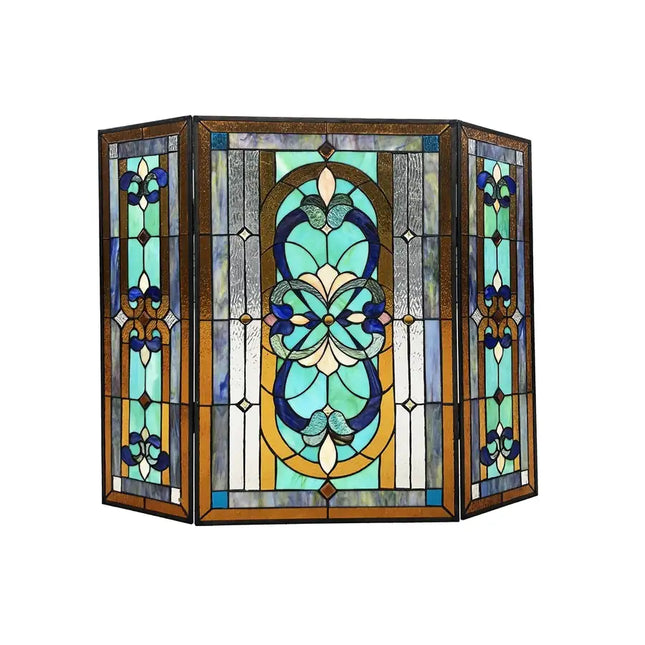 PALACE Pantalla de chimenea de vitral victoriana plegable estilo Tiffany de 3 piezas