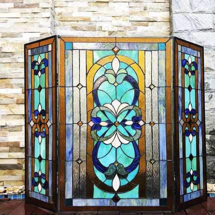 PALACE Tiffany-Style 3pcs Folding Victorian Stained Glass Fireplace Screen