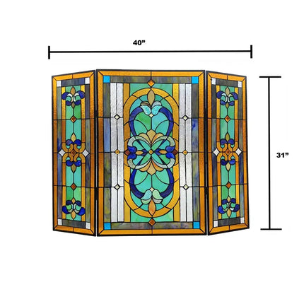 PALACE Pantalla de chimenea de vitral victoriana plegable estilo Tiffany de 3 piezas