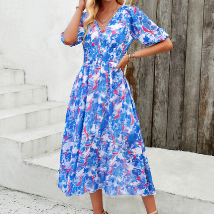 Elegant printed waist V-neck long dress