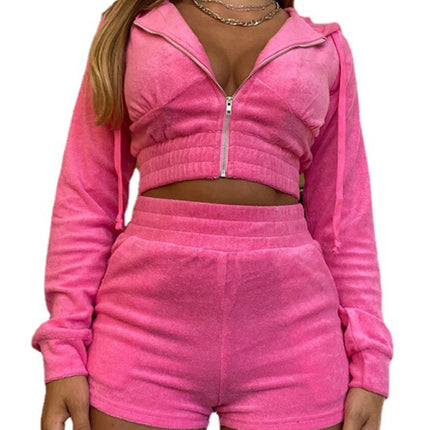 Women's gold velvet hooded long-sleeved zipper jacket + shorts two-piece suit