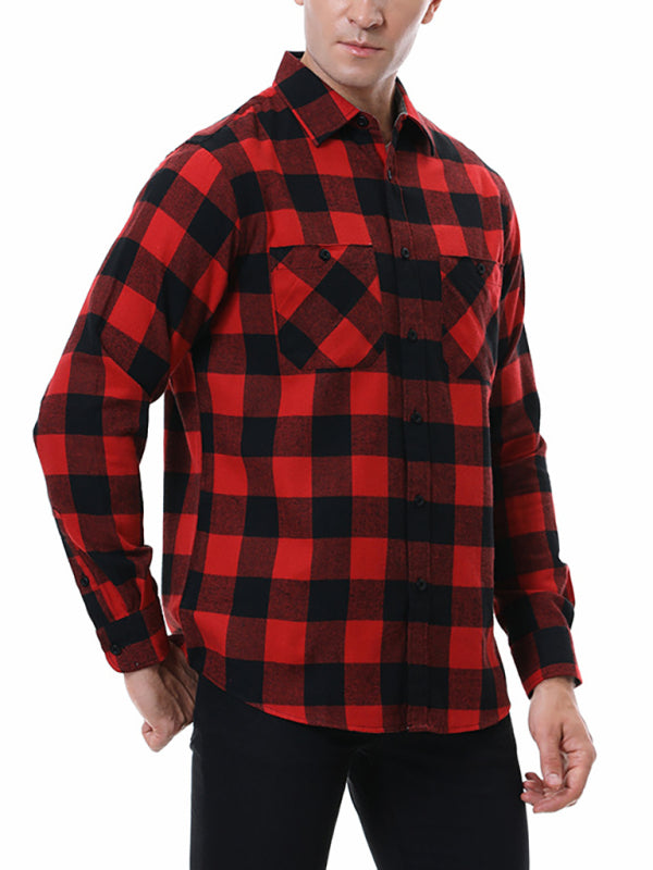 Men's facecloth plaid long-sleeved lapel shirt