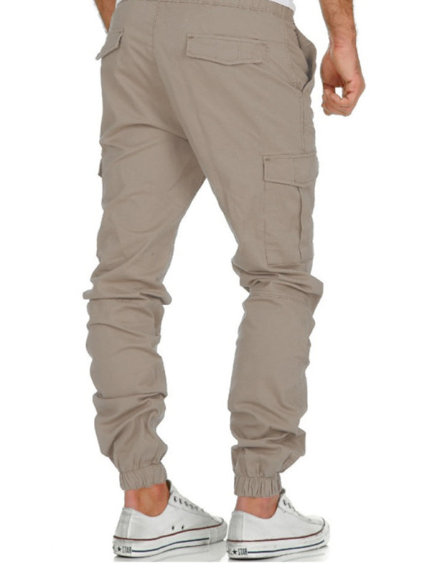 Men's Solid Color Cargo Pocket Drawstring Casual Trousers