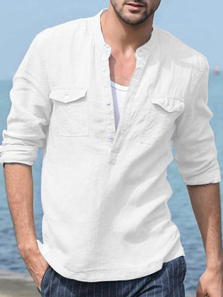 Men's Solid Color Cotton Linen Pocket Shirt