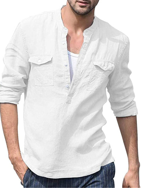 Men's Solid Color Cotton Linen Pocket Shirt