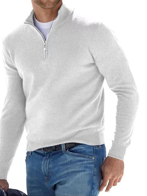 Long Sleeve V Neck Wool Fleece Zipper Men's Casual Top Polo Shirt