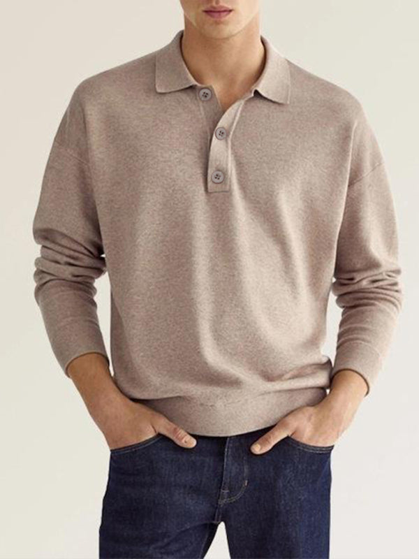 Long Sleeve V Neck Button Men's Casual Top Polo Shirt