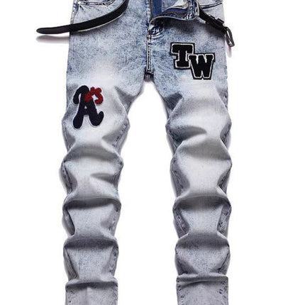 New style Zhangzi pattern micro-elastic high-quality fabric slim fit small straight jeans