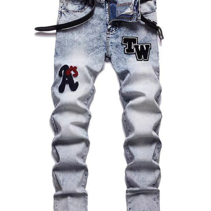 New style Zhangzi pattern micro-elastic high-quality fabric slim fit small straight jeans