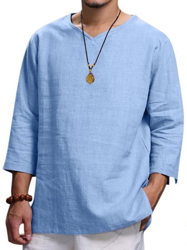 Men's Long Sleeve V Neck Cotton Linen Loose Shirt