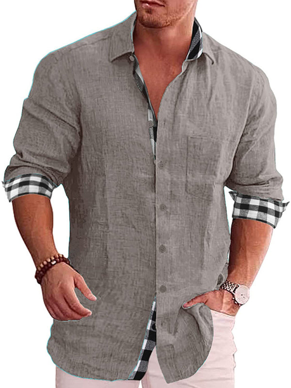 Casual Cotton Linen Shirt Men's Long Sleeve Plaid Stitching Shirt