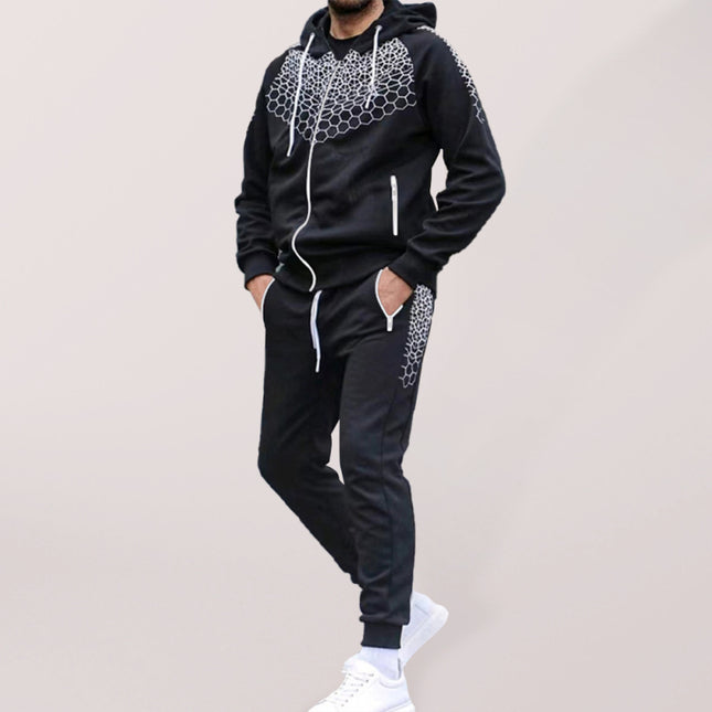 Men's Zipper Hooded Cardigan Jacket Honeycomb Print Casual Sweatshirt Trousers Set