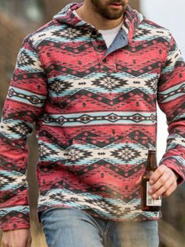 Men's retro geometric print long sleeve hoodie