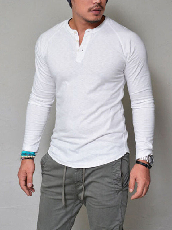 Round Neck Button Long Sleeve T-Shirt Men's Solid Color T-Shirt