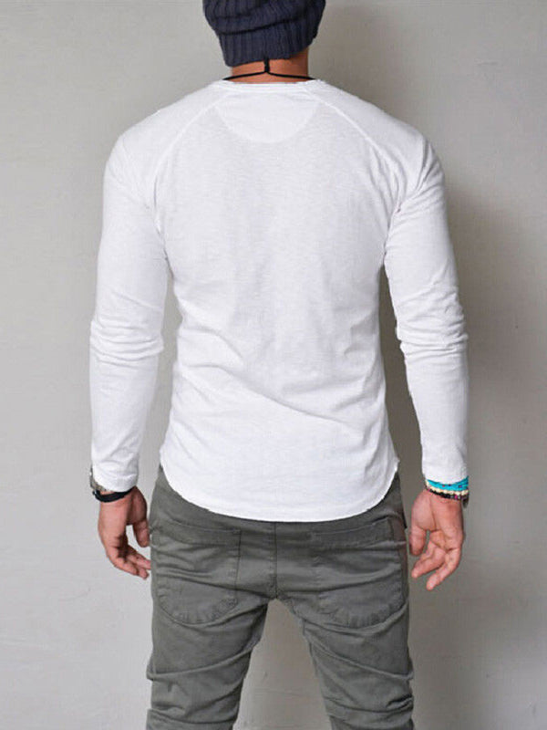 Round Neck Button Long Sleeve T-Shirt Men's Solid Color T-Shirt