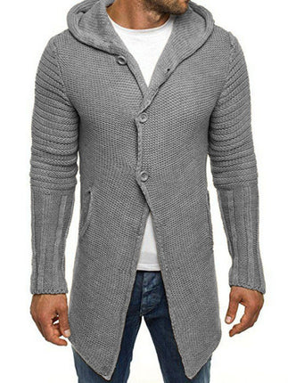 Men's solid color casual long hooded cardigan