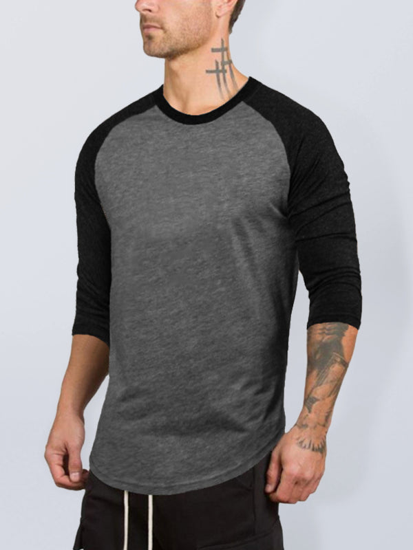 Men's Slim Three-quarter Sleeves Raglan T-Shirt Round Neck Contrasting Color Sports