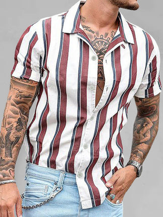 Casual striped slim-fit lapel cotton thin youth short-sleeved lapel shirt cardigan