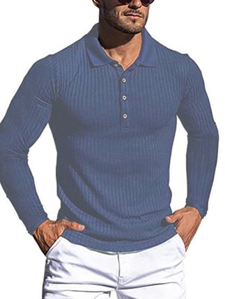 New Men's High Elastic Vertical Strip Long Sleeve POLO Shirt Slim Knit Bottom Shirt Polo Shirt