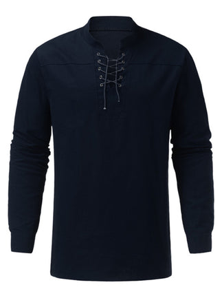 Men's Woven Retro Lace Up Casual Long Sleeve Shirt with Stand Collar