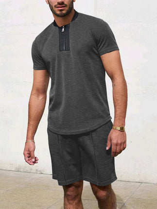 Men's Contrasting Color Waffle V-Neck Zipper T-Shirt + Shorts Casual Suit