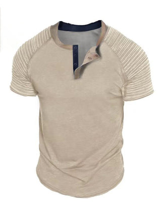 T-Shirt Button Collar Short Sleeve Men's Casual Pleated Tops Men's T-Shirts