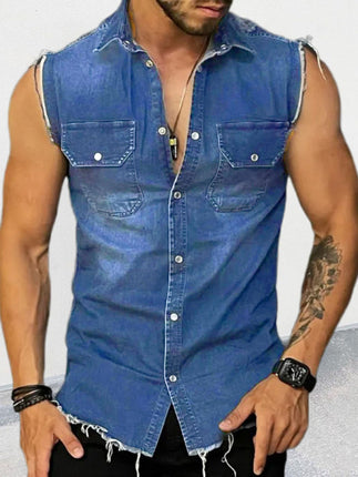 Men's Denim Lapel Sleeveless Shirt Top