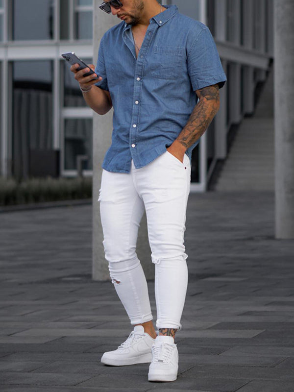 Men's Solid Color Faux Denim Shirt Short Sleeve T-Shirt Casual Loose T-Shirt