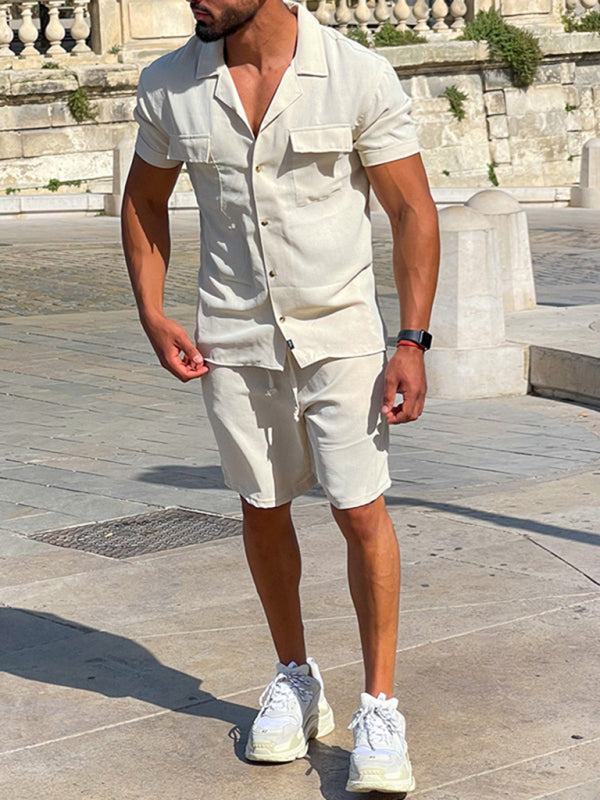 Casual suit men's wide short-sleeved men's pants top shirt two-piece set