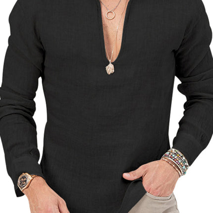New Men's Henry Long Sleeve T-Shirt Slim Fit Solid Color Large Size Deep V Neck Shirt