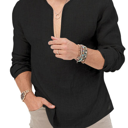 New Men's Henry Long Sleeve T-Shirt Slim Fit Solid Color Large Size Deep V Neck Shirt